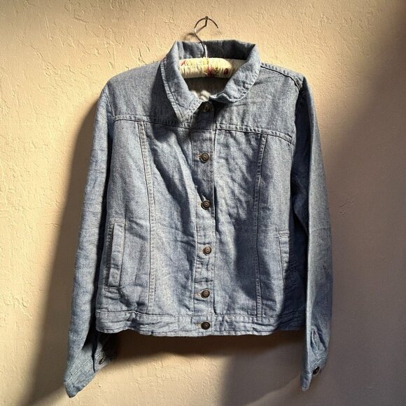 Flax Linen Cotton Button-Down Denim Shirt Jacket Womens Medium Blue Pockets